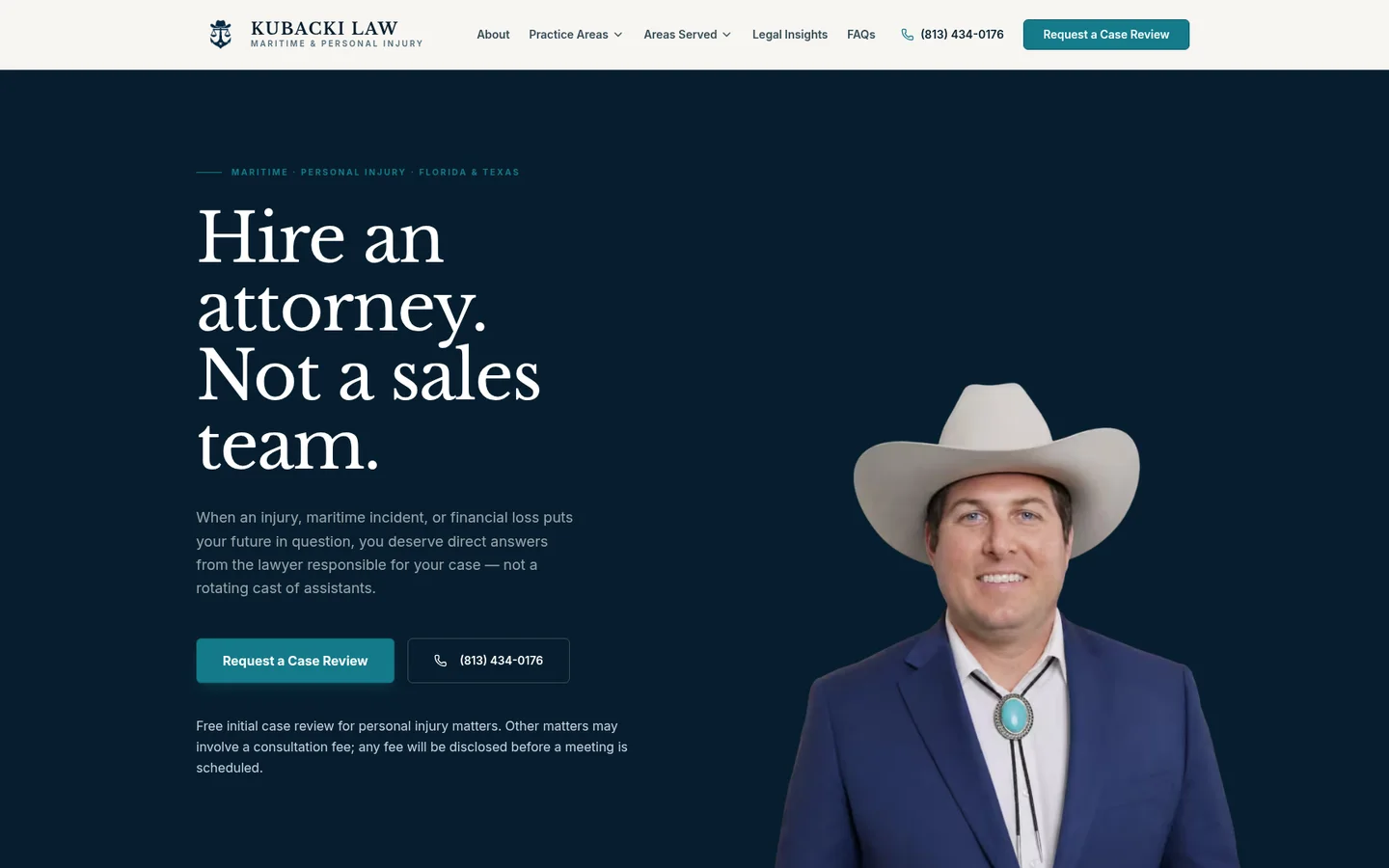 Kubacki Law redesigned homepage with navy, teal, and cream maritime legal styling.