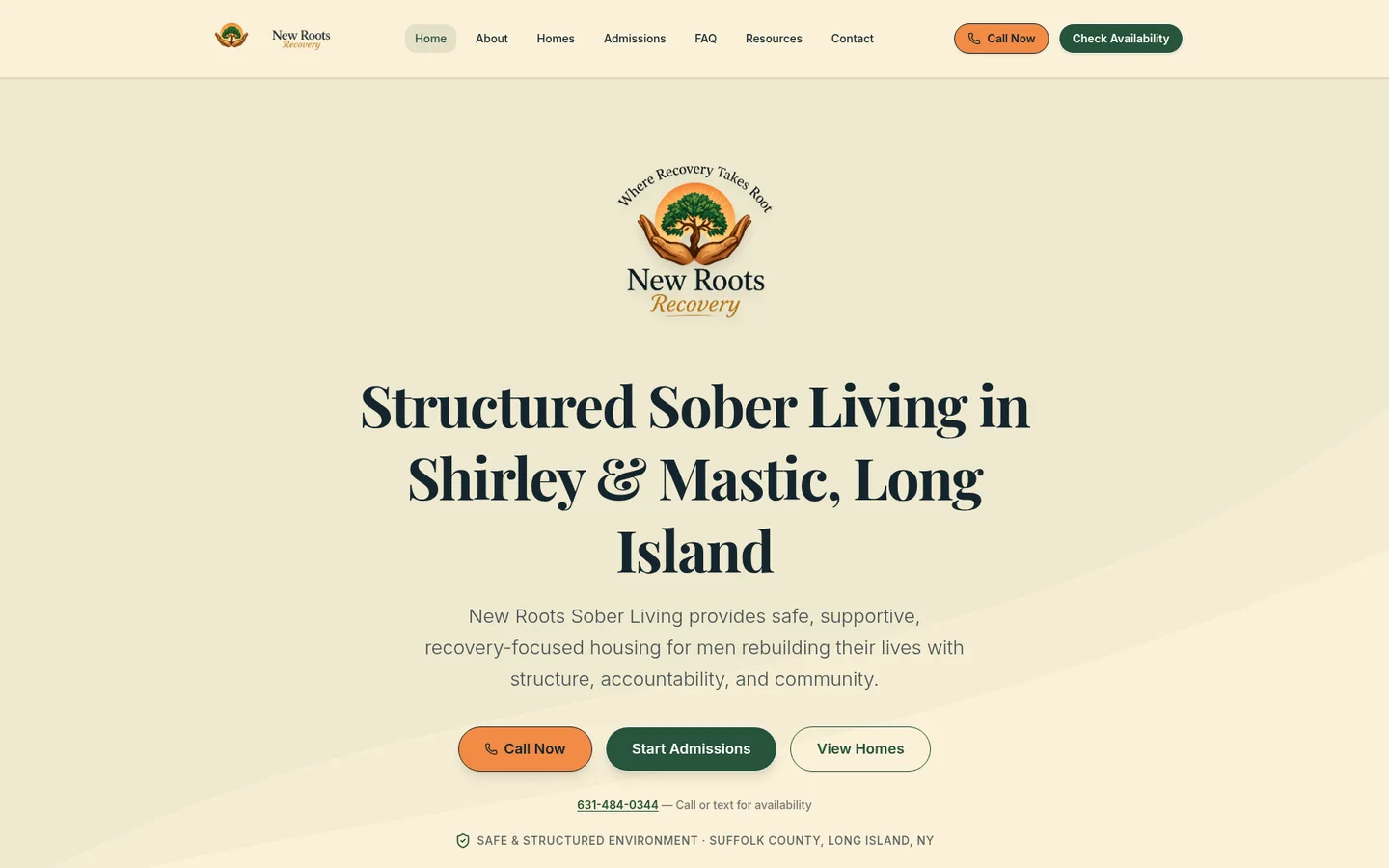 New Roots Sober Living homepage presenting sober-living homes and admissions information.
