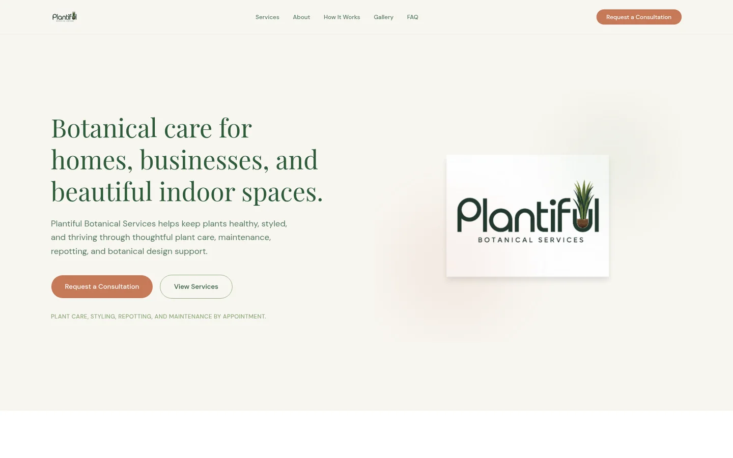 Plantiful Botanical Services homepage presenting professional plant-care services.